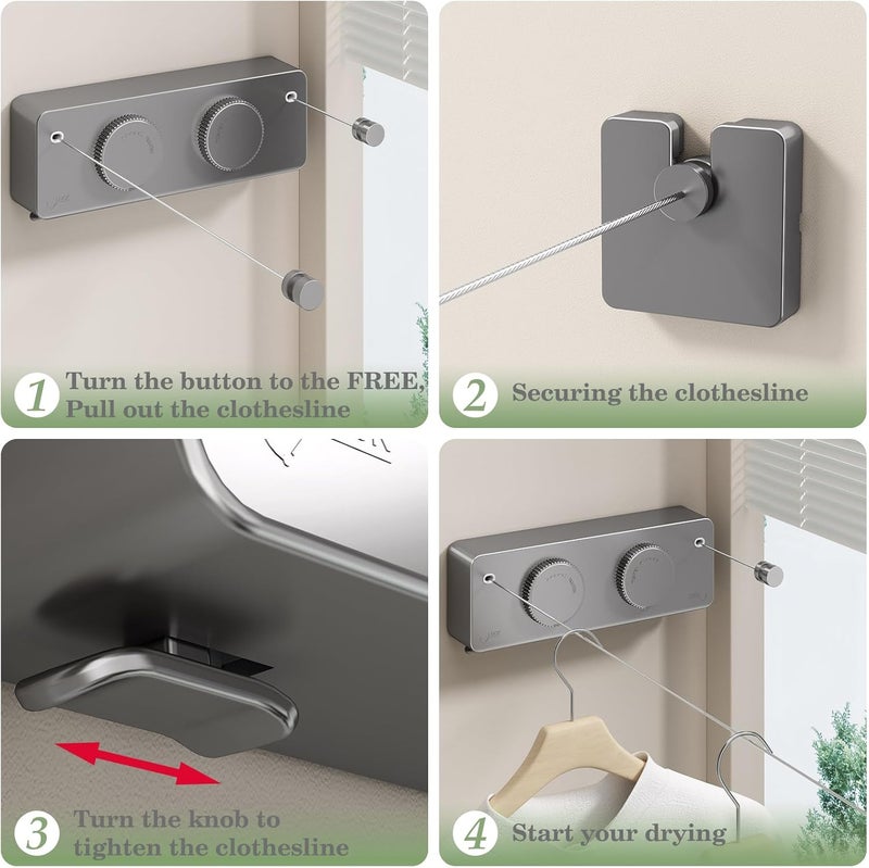 Danpoo Retractable Clothesline, Anti-Sag Adjustable Knob Heavy-Duty Clothes Line for Indoors/Outdoors with 2 * 13.8ft Stainless Steel Wire, Laundry Wall Drying Solutions, Gray - Image 5